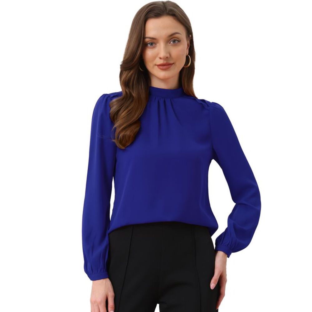 Long Sleeve Shirts Mock Neck Pleated Tops Solid Work Blouse Royal Blue
